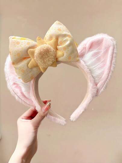 1件动物耳朵皇冠蝴蝶结音符卡通狐狸奇幻庆典面罩头箍，可爱休闲派对粉色梦幻旋律珍珠发箍毛绒游乐园拍照道具涤纶，发带，发箍头箍，头饰发饰