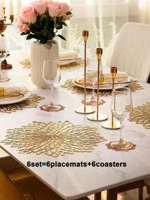 12 件金色花卉图案圆形餐垫，直径 15 英寸，PVC 材质；另有 3.94 英寸圆形镂空花朵杯垫，可水洗、易清洁、可擦拭、防滑、耐热，适用于房间装饰、餐桌装饰、家居装饰、节日、派对、生日、婚礼、周年纪念日、母亲节、情人节、宴会、活动等。 - 金色 - 查看 14