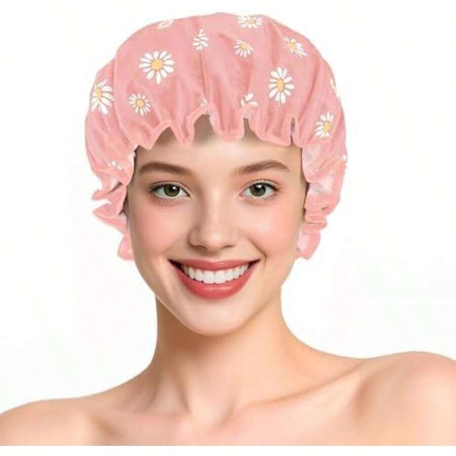 IEOVIEE Gorrito para bañarte de Mujer, Gorro de Baño Impermeable Doble Capa con Diseño Florido Único, Reutilizable para Pelo Largo, Corto o Rizado(Rosa Flor de Cerezo - Margarita) - Multicolor - Ver 1