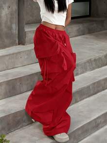 街头高腰翻盖口袋抽绳腰部弹性下摆褶饰休闲阔腿降落伞工装裤 Y2K 音乐节