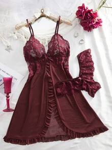 2pcs/Set Women Sexy V-Neck Lace Camisole Nightgown, Suitable For Sleepwear & Lingerie - Redwood - View 2