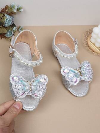 1 Pair Fashion Versatile Girls' Pearl & Rhinestone Bow Decor Cute Flat Sandals, Round Toe, Suitable For Daily Wear, Dancing, Outdoor, Decorated With Sequins, Closed Toe Princess Shoes, Spring And Autumn