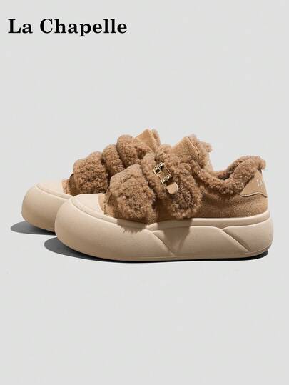 1 par de zapatos casuales para mujer La Chapelle, suela blanda, cálidos, con correa de , de caña baja, zapatos planos para exteriores, zapatos para ir al trabajo, punta redonda, tacón bajo, unicolor, suela suave elegante, adecuados para estudiantes, fotos de graduación, zapatos planos, zapatos de cuero cálidos de caña baja para mujeres