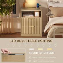 Juego de 2 mesitas de noche acanaladas, mesita de noche con estación de carga y luz LED, 1 cajón de almacenamiento y estante abierto, mesa de noche moderna para espacios pequeños, para dormitorio, sala de estar, natural - Camel - Ver 7