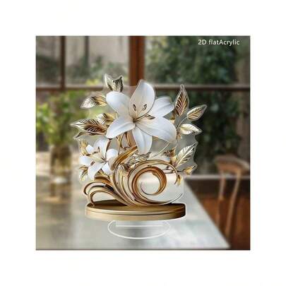Trang trí bàn làm việc bằng acrylic 2D hình hoa ly nở rộ với lá và nhị vàng | Thích hợp cho phòng khách và văn phòng | Phong cách Bohemian | Món quà lý tưởng cho các dịp lễ và sinh nhật