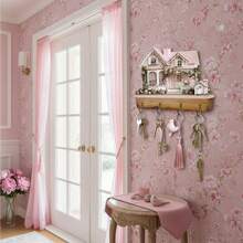 Key Holder for Wall Wooden 2D Flat Pink Village House Key Hooks Hanging Wall Decor for Entryway Living Room Home - Multicolor - Ver 2
