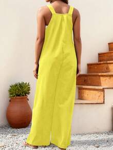 Plus Size Women's Pleated Wide Leg Casual Solid Color Bib Pants, Autumn/Winter - Yellow - View 3