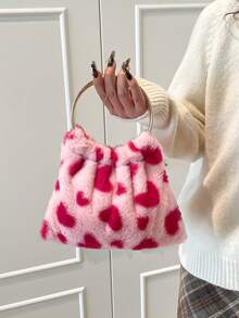 优雅心形晚宴手拿包，女士正式派对手提包，温柔甜美女孩单肩包，纯色毛绒水桶包，情人节新娘包 - 粉色 - 查看 3