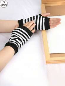 3pcs/1 Pair Multicolor Unisex Half Finger Gloves Suitable For Students Writing, Computer Work, Outdoor Cycling, Badminton, Tennis, All Seasons, Hand Protection Gloves, Fall / Winter - Multicolor - View 4