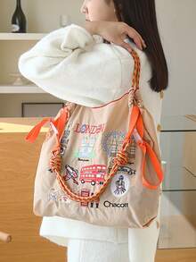 1件新款休閒刺繡倫敦城市圖案輕量尼龍大容量可折疊購物袋，通勤、派對、單肩與斜背托特包 - 彩色 - 查看 3