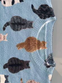 女士涤纶罗纹针织长袖套头毛衣，饰有可爱猫咪印花，中等弹力面料 - 淺藍色 - 查看 4