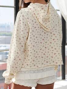 Sudaderas con capucha de mujer lindas y oversize de felpa, sudaderas con flores rotas de manga larga con bolsillo, atuendos de primavera y otoño, ropa Y2K para salir - Beis - Ver 4