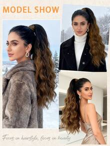 22英寸渐变色环绕式马尾假发，水波纹合成纤维马尾假发，耐热纤维，适合女孩和女士日常佩戴，黑棕色