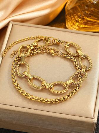 Aomogo 2pcs Hip-Hop & Fashionable Stainless Steel Chunky Chain Bracelet, Unisex Daily Wear