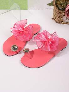 Elegante Damen-Sandalen mit Pfaublau & Mehrfarbigem Satin-Schleifen-Design, flache T-Riemen-Zehentrenner-Slides mit silberner metallischer Zehenring-Dekoration, offene Zehenpartie, lässige Sommer-Strand-Urlaubsschuhe - Rosenrot - Übersicht 7