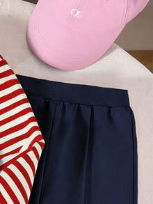 Left Mama 2pcs Girls Casual Striped Long Sleeve Top And Wide Leg Pants Set, Spring/Autumn - Red - View 6