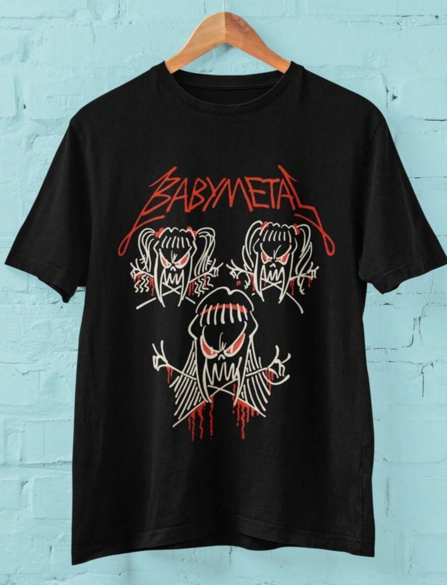 BABYMETAL Crewneck T-Shirt, Babymetal Tee Shirt Three, Japanese Heavy Metal Band, Kawaii, Music Love - 黑色 - 查看 1