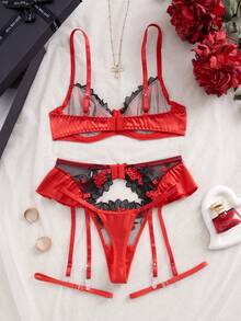5pcs/Set Women Sexy Lingerie Set, Includes Red Lace Bra, See-Through Embroidery Bra, Seductive Panty, Waist Belt, And Leg Ring, Rave For Going Out - Red - View 2