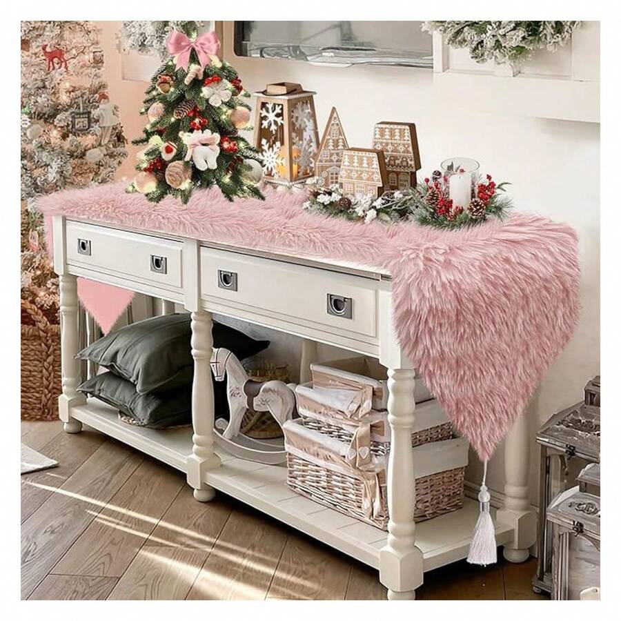 Blush Pink Table Runner 72 Inch - FluffyFur Dresser Runners For Bedroom & Coffee Table - Pastel Pink Furry Decor For Wedding, Fall, Christmas - Multicolor 605 - View 1