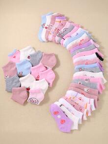 20 Pairs Girls Cute Pink Ankle Socks, Suitable For Daily Wear, With Heart & Rabbit Prints, Lace Trim, Breathable & Soft, (1-16 Years Old) - Multicolor - View 5