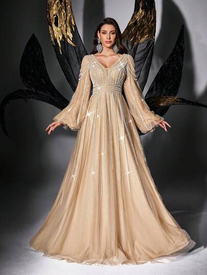 Fascinating Sequins Beads Prom Evening Gown Lace Mesh Dinner Formal Dress Women Deep V Neck Long Sleeve Floor Length Dresses