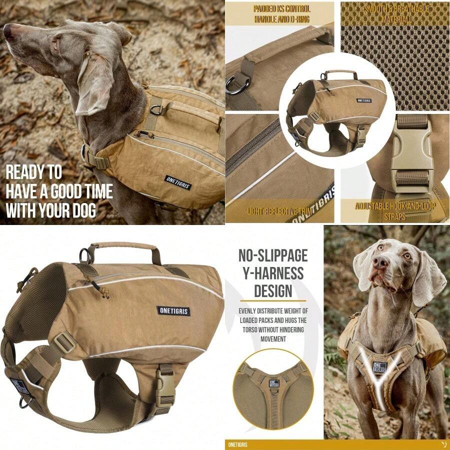 huOneTigris Mochila para Perros con Arnés en Forma de Y Anti-Tes Bolsas de Montar con Argollas en D Ligera Equipo para Senderismo Caza Camping y Viajes para Mascotas220 - marrn - Ver 1