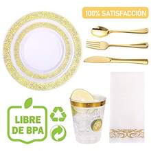 Vajilla Elegante Reutilizable Color Oro 175 piezas: 50 platos orilla dorada 25 cucharas 25 tenedores 25 s 25 vasos 25 servilletas 25 invitados - BlancoconOro - Ver 7