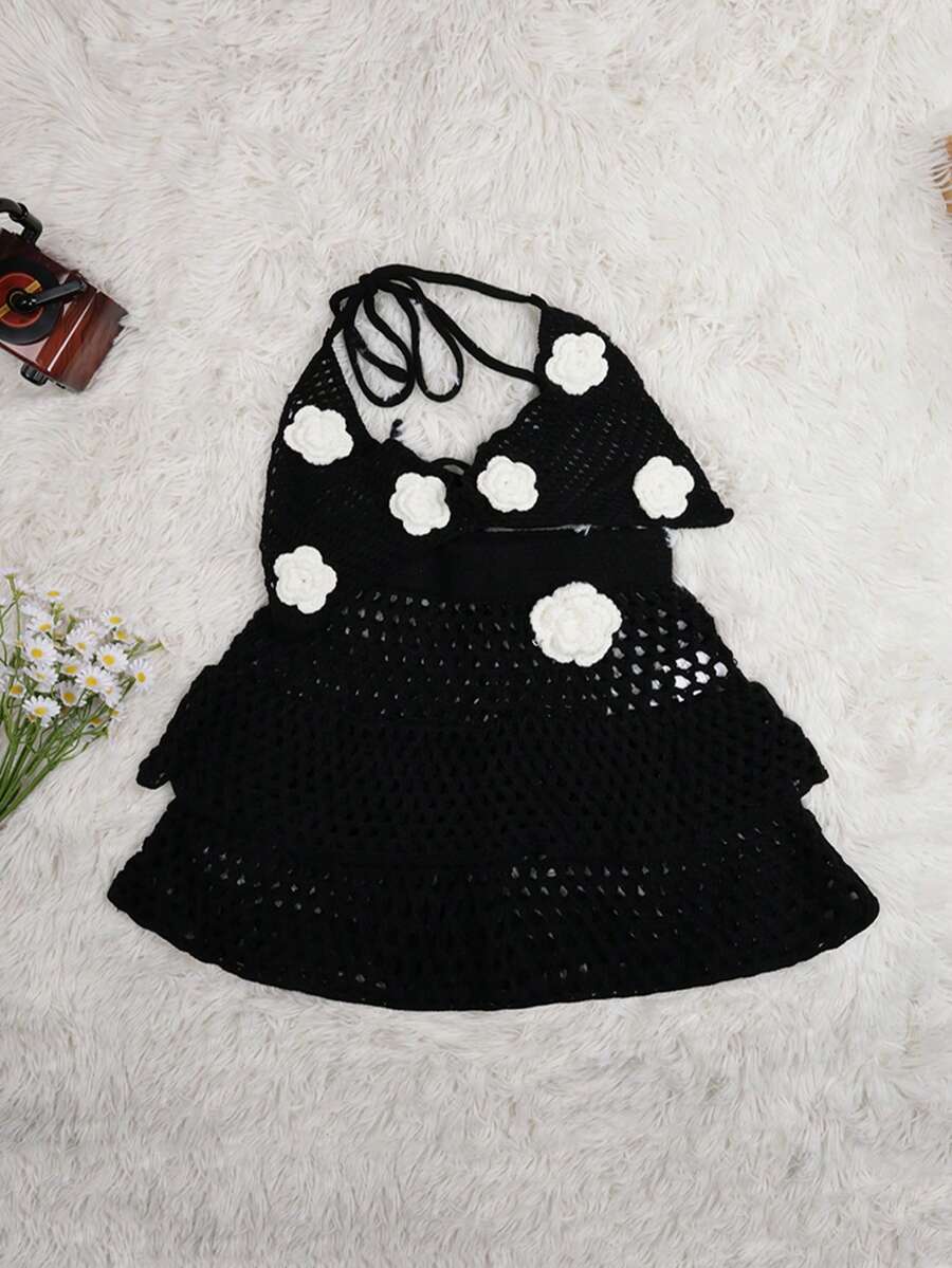 Yuwenier Y2K 性感波西米亚风手工刺绣花卉露背针织比基尼上衣和镂空分层钩针迷你裙 2 件套夏季海滩度假装 - 黑色 - 查看 1