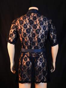 Men's Sexy Bathrobes, Lace See-Through 2-Piece Set, Valentine's Day Gifts, Date Outfits - 黑色 - 查看 3