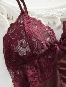 2pcs/Set Women Sexy V-Neck Lace Camisole Nightgown, Suitable For Sleepwear & Lingerie - Redwood - View 4