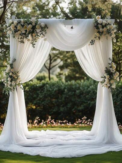 1pc White Chiffon Arch Window Curtain Sheer, Suitable For Indoor/Outdoor Wedding, Valentine's Day Decor, Ceiling Decor Ceremony, Party & Banquet Decor, Multi-Purpose Decor, Valentine's Day Wedding Backdrop Decor, Event Party Backdrop Decor