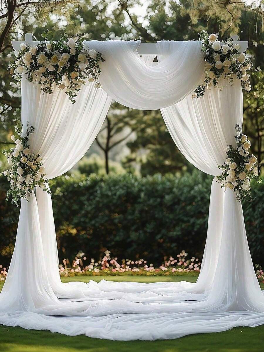 1pc White Chiffon Arch Window Curtain Sheer, Suitable For Indoor/Outdoor Wedding, Valentine's Day Decor, Ceiling Decor Ceremony, Party & Banquet Decor, Multi-Purpose Decor, Valentine's Day Wedding Backdrop Decor, Event Party Backdrop Decor - White - View 1