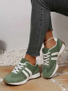 Women's New Green & White Striped Casual Sports Outfit, Retro Fresh Style Suitable For Spring & Autumn, Striped Patchwork Design Simple & Eye-Catching, Suitable For Daily Wear, Sports Patchwork Lace-Up Homewear