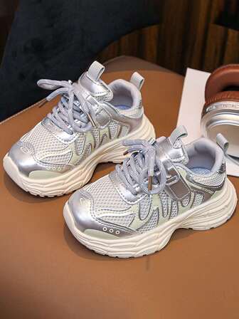 1 Pair Kids' PU Fashion Anti-Slip Versatile Spring New Mesh Breathable Casual Chunky Sneakers, Thick Sole, Hook And Loop Sports Sneakers For Boys And Girls