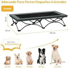 Kokila Cama Elevada Plegable para Perro Grande (116x60x25cm), Malla Transpirable Teslin + Marco Metálico, Montaje Rápido Sin Herramientas, Incluye Bolsa, Uso Interior/Exterior, Antideslizante -(Gris) - Multicolor - Ver 6