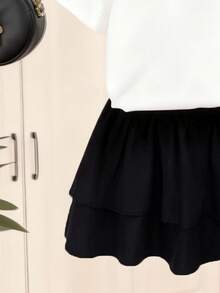 女童蝴蝶结刺绣领短袖上衣和裙子套装 - 白色 - 查看 6