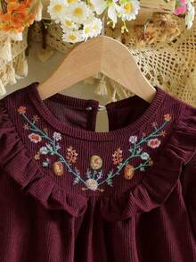 Embroidered Young Girl Dress, Ruffle Collar Design With Delicate Embroidery, Long Sleeve Loose Dress, Suitable For Daily Outing/Outdoor Leisure Holiday/Princess Style, Spring/Autumn - Burgundy - View 6