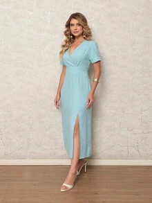 ONLYONE - Elegant Women's Midi Dress With V-Neck Wrap Detail And Side Slit - Women's Party Dresses - 淺藍色 - 查看 6