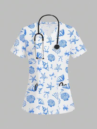Women's Scrubs Top With Double Pockets, V-Neck, Short Sleeve, Printed Scrubs Nurse Workwear For Dentist, Healthcare, Pet Hospital, Laboratory, Christmas Clothes