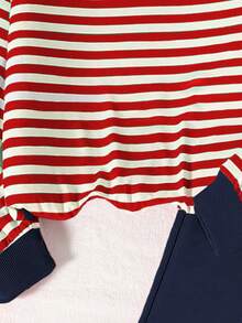 Left Mama 2pcs Girls Casual Striped Long Sleeve Top And Wide Leg Pants Set, Spring/Autumn - Red - View 5