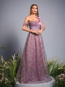 Anpoket New Arrival One Shoulder Elegant Evening Gown Dress Pearls Beaded Ruched Bow Ruffle Mesh Long Dress - Purple - View 6