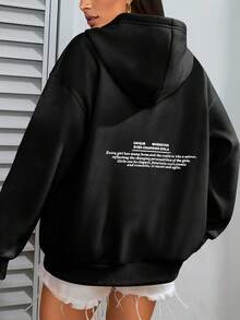 Plus Size Women's Graphic Print Sweatshirt, Stylish Streetwear Design With Drawstring Hood, Pockets, Long Sleeves, Knit Fabric Casual Black - Black - View 5