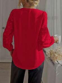 Women's Casual Swiss Dot V-Neck Petal Sleeve Blouse For Autumn Spring - Red - View 2