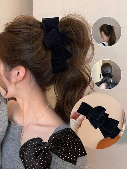 1pc Velvet Bow Banana Hair Clip, Multi-Layer Satin Bow Hair Clip For Women, Vertical Ponytail Hair Accessory, Perfect Gift For Couple On Birthday, Christmas, New Year, Valentine's Day, Mother's Day, Head Accessories, Hair Accessories For Women