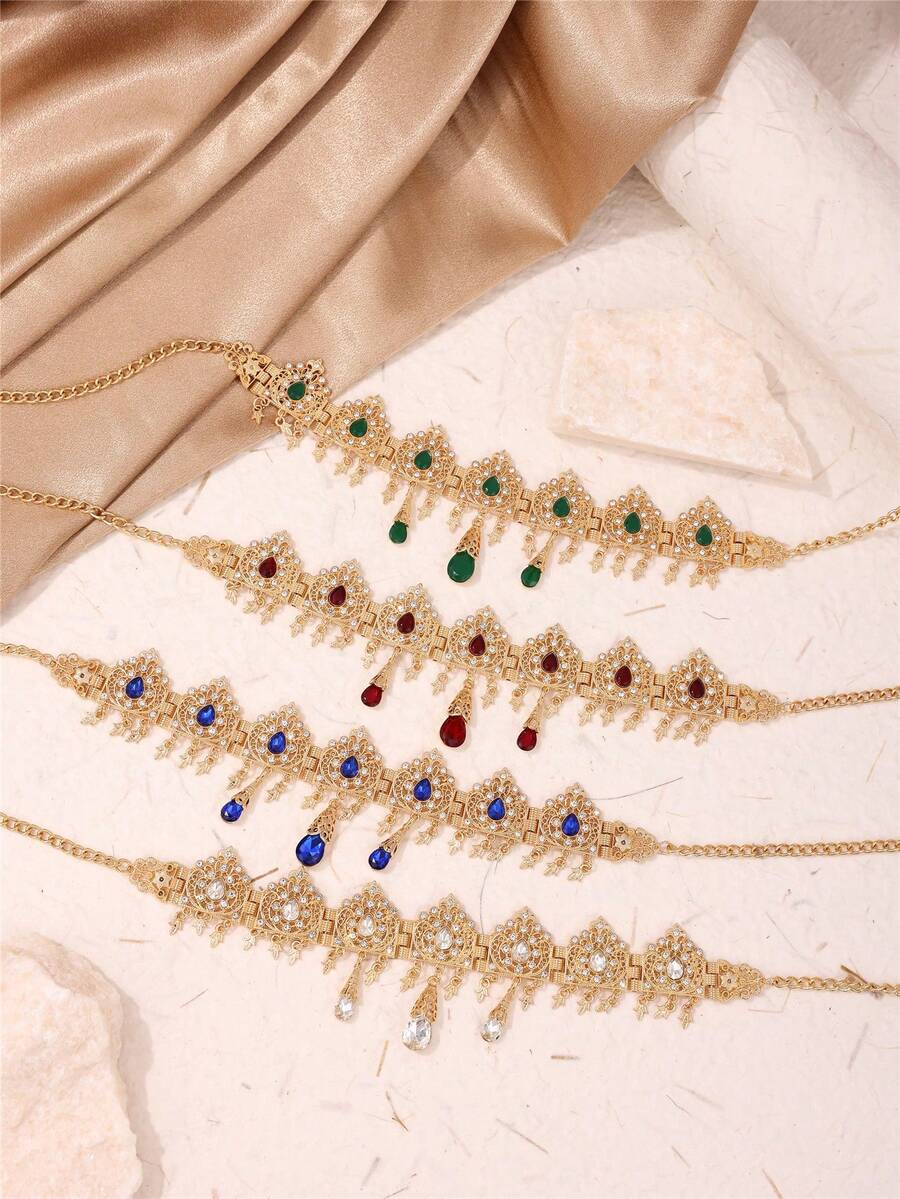 1pc Palace Style Bridal Metal Headchain, Teardrop Tassel Designed Forehead Chain For Women, Adjustable Length Multi-Wear As Necklace Valentine's Day Accessories - Head Chain - View 1