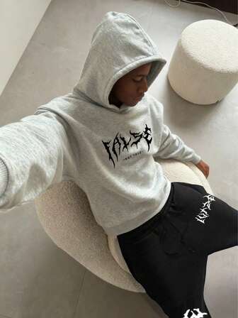 Conjunto informal de 2 piezas de sudadera con capucha y pantalón de chándal con cordón, estampado de letras, manga larga y forro polar para adolescentes varones