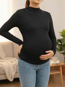 Black Maternity Long Sleeve Mock Neck Stand Collar Fitted Pleated Ruched Side T-Shirt Blouse, High Stretch Polyester Regular Length Tops For Daily Commute Casual Wear Layering - Black - View 4