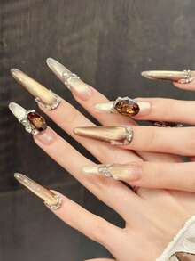 10pcs Handmade Nails Oval Nails Press On Nails Long Extra Long, Gentle Brown Nails, Maillard Color Flashy Cateye, Nail Gems 3D Large Bow Diamond Stone Pearl Inlaid, Luxury Elegant Handcrafted Autumn Nails, Fall Press On Nails, Y2K Style Festival Nail Party Daily & Dating Use Beach Tropical Getaway Suitable,DIY False Nail Art Suitable For Women & Girls As Gift Nail Supplies - Multicolor - View 4