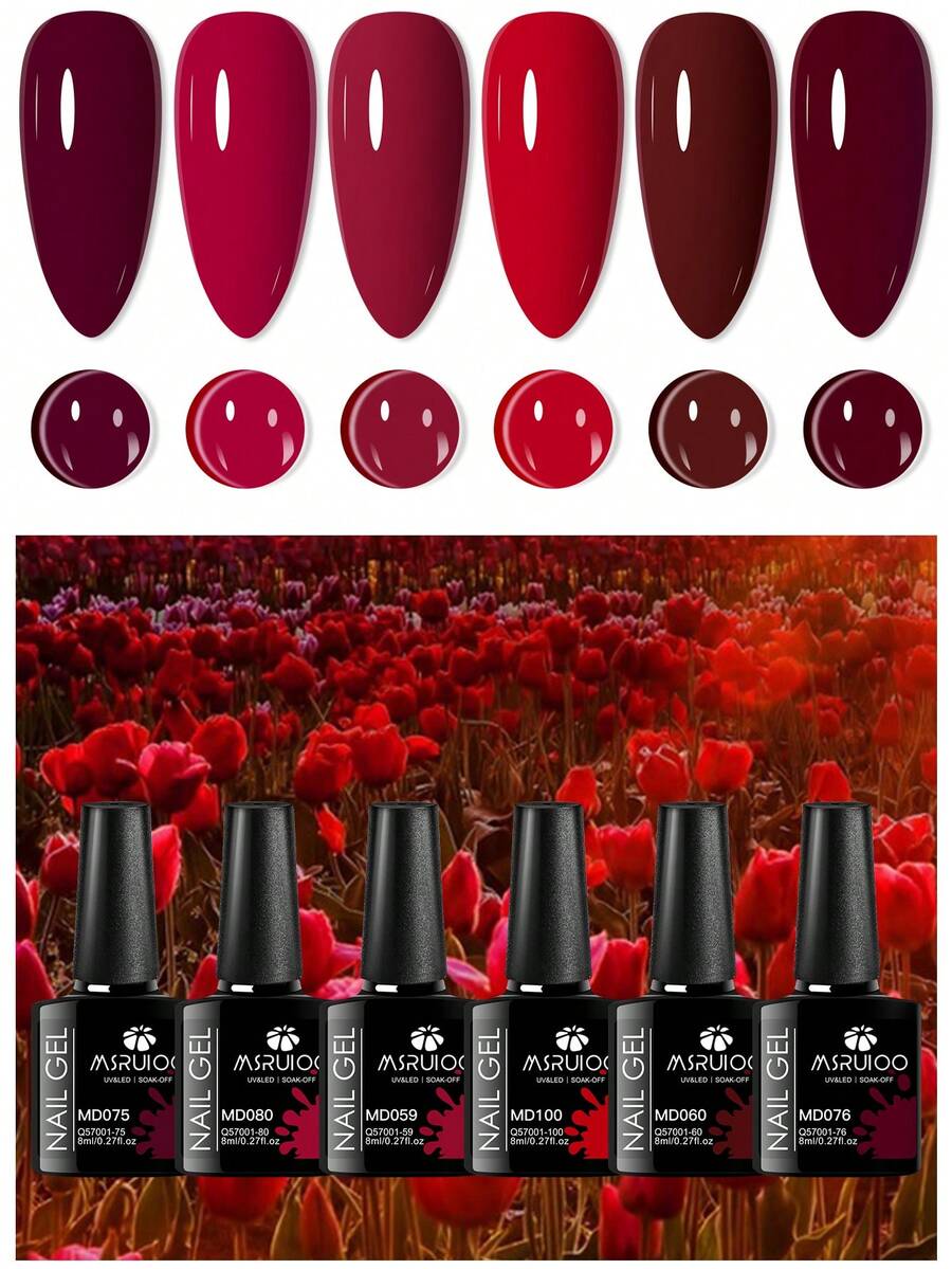 MSRUIOO 6pcs Red Coffee Brown Gel Nail Polish Set, Long Lasting, Lead Free 8ml Wine Red Nude Pink Semi Permanent Soak Off UV Gel Varnish Manicure Nail Art DIY For Nail Salon And Home Nail Supplies - Multicolor - View 1