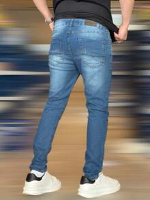 Men's Slim Fit Denim Jeans With Elastane And Lycra - 水洗藍 - 查看 3